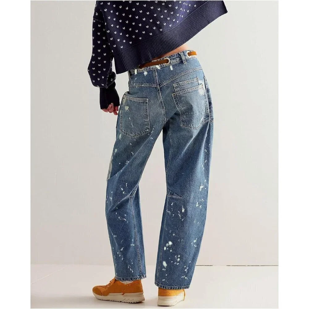Women’s Baggy Wide Leg Barrel Jeans Mid Rise Drawstring Casual Denim